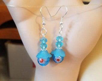 glass blue bead drop earrings, dangles, red flowers  handmade beaded jewelry