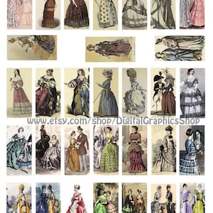 renaissance and victorian women fashion dresses collage sheet digital clipart download 1&quot; x 2&quot; inch domino collage digital print out