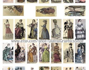 renaissance and victorian fashion, woman clipart, instant download, domino images, digital print, collage sheet, 1" x 2" inch printables