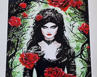 Gothic Vampire Queen of the Roses original art surreal 8x10 inch semi gloss dark fantasy fairytale art print