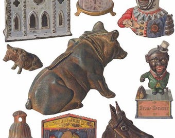 printable vintage Money Coin bank watercolor painting piggy bank toys Digital Collage Sheet download