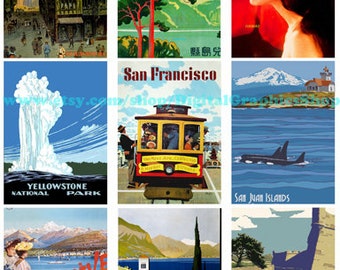 vintage world Travel posters art, vacations, clipart, instant download, aceos printable, digital collage sheet, 2.5" x 3.5", digital prints