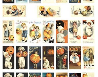 Vintage Halloween postcard images children pumpkins art domino collage sheet 1" X 2" inch graphics digital download printables diy pendants