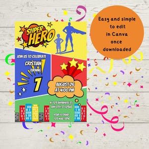 Editable Birthday Party Invitation, Superhero, Blue, Yellow, Red, Boys birthday, Kids Birthday, Invitation
