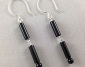 Long Black Agate, Black Onyx and Sterling Silver Drop Earrings, Black and Sterling Silver Earrings, Black Onyx Earrings, Sterling Silver