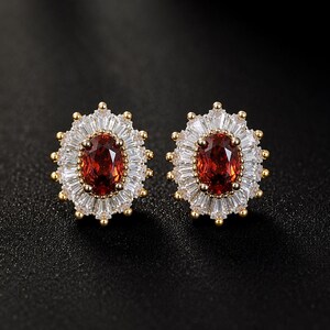 Certified Genuine Vivid Malaya Orange Red Garnet Gemstones Classic Studs Earrings 18K Yellow Gold Vermeil Mark 925 Sterling Silver