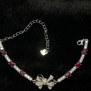 Certified Genuine 3.3ct Deep Red Ruby with CZ Pave Ribbon Bow Bracelet - 18K White Gold Vermeil Solid 925 Sterling Silver Precious Gemstone