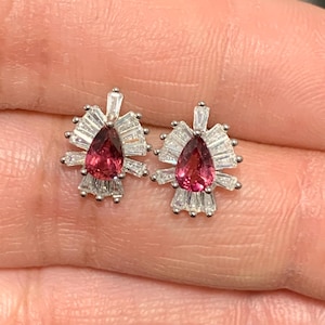 Certified Untreated 1ct Rare Rubellite Ruby Pink Tourmaline Pear Studs Earrings 18K Gold Vermeil Plated Solid 925 Sterling Silver Gemstones