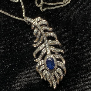 May include: A silver-toned pendant necklace featuring a feather design. The pendant is encrusted with small, clear gemstones and a central oval-shaped blue gemstone. The necklace chain is also silver-toned.