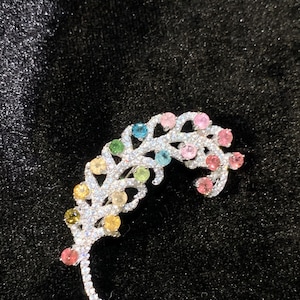 Certified Genuine Natural Untreated Rainbow Tourmaline Feather Brooch 18K White Gold Vermeil/Plated Solid Signed 925 Sterling Silver