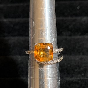Certified Genuine Natural 3 Carats Deep Citrine Asscher Cushion Cut Bypass Setting 18K Gold Vermeil 925 Sterling Silver Gemstone Ring