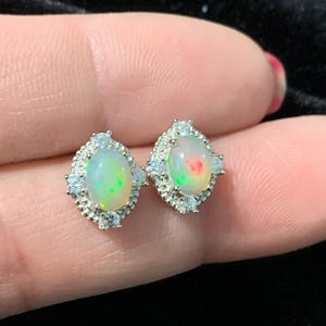 Certified Genuine Natural Rainbow Opal 2 ct Studs Earrings Royal Medieval Setting 18K White Gold Vermeil Solid 925 Sterling Silver Gemstones