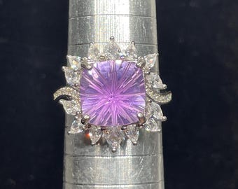 Bague feu d&#39;artifice en améthyste lilas naturelle authentique certifiée de 5,6 carats, coupe élégante, or blanc 18 carats et vermeil 925, pierres précieuses
