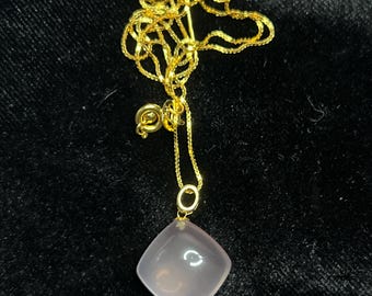 Collier avec pendentif en or massif 18 carats certifié, véritable quartz rose naturel rose brillant, 15 x 15 mm, pierres précieuses + or 18 carats vermeil sur chaîne en acier inoxydable 925 gratuit