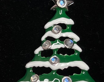 Certified Genuine Moonstones Rare! Large Christmas Tree Pendant or Brooch 18K Gold Vermeil Gold Plated Solid 925 Sterling Silver Gemstones