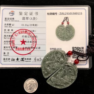 Certified Grade A Natural Untreated Burma Green Pair of Jadeite Jade Handmade Carved Dragon Phoenix Couple Pendant Rope Necklace Charm