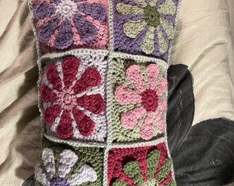 Handmade Retro Granny Square Crochet Flower Pillow
