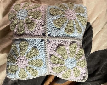 Handmade Crochet Granny Square Pillow: Retro Flower Decor