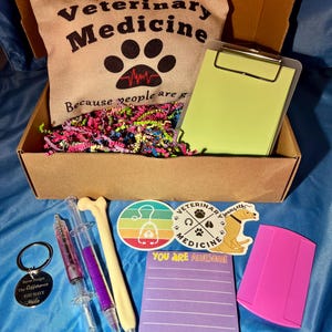 May include: A gift box with veterinary-themed items. Includes a pillow with "Veterinary Medicine" text, a clipboard, pens, stickers, a notepad, a comb, and a keychain. The box is filled with colorful paper shreds.