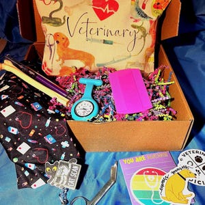 May include: A gift box for veterinary professionals, filled with various items. Includes a cosmetic bag with "Veterinary" text, a teal nurse's watch, a pink comb, pens, a badge reel with a cat scan design, stickers, and medical scissors.