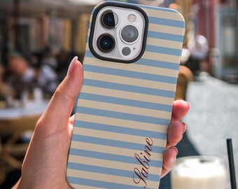 Blue Striped Personalized Phone Case, Monogram Tough Case