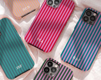Personalized Monogram Phone Case Stripes Initials iPhone 16 15 14 13 12 11 Pro Max, Samsung Galaxy S25 Ultra Custom Case, iPhone 8Plus