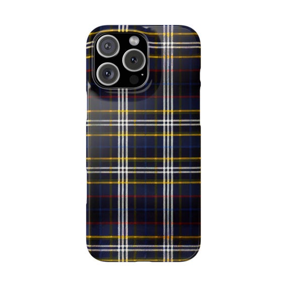 Navy Tartan Plaid Phone Case: Wireless Charging Compatible