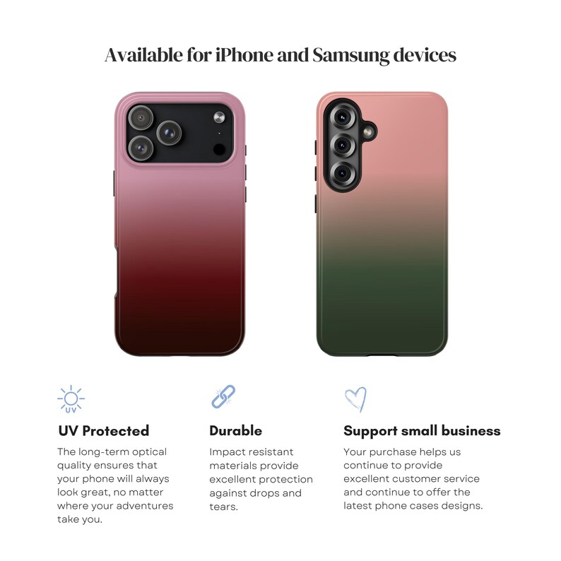 May include: Two phone cases with a gradient design. One case transitions from pink to dark red, the other from pink to green. The cases are shown with the text "Available for iPhone and Samsung devices". The image also includes text about UV protection and durability.