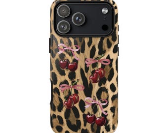 Cherry Leopard Print Phone Case, Tough Dual Layer Cover