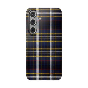 May include: A blue, yellow, and white plaid phone case with a black camera bump and three lenses.