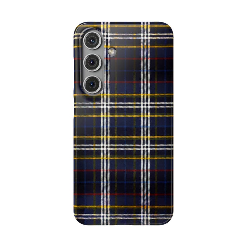 May include: A blue, yellow, and white plaid phone case with a black camera bump and three lenses.