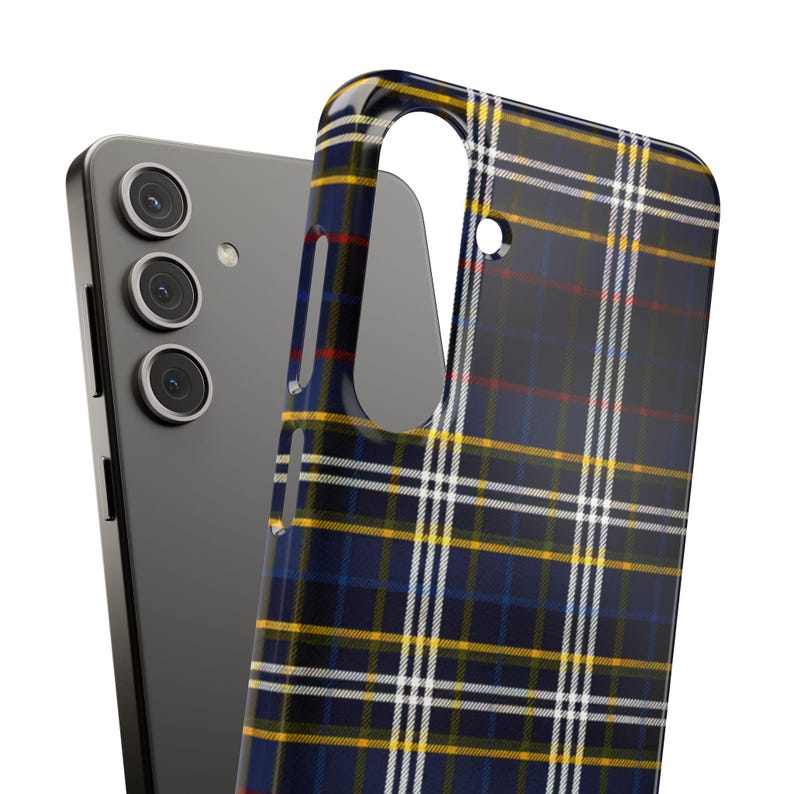 May include: A black phone case with a blue, white, and yellow plaid pattern.
