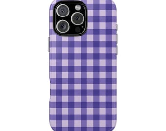 Purple Gingham Phone Case, Checkered Design, Dual Layer