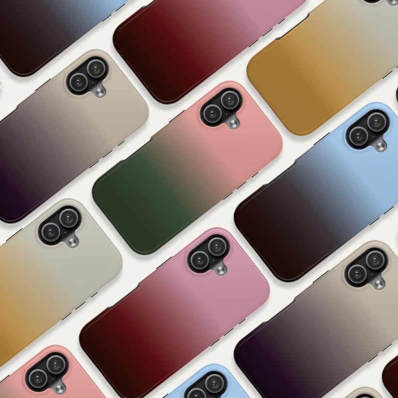 May include: An assortment of smartphone cases in various colors, each featuring a gradient design. The cases have a rectangular shape with rounded corners and a camera cutout. Colors include pink, green, blue, gold, and brown, with a smooth, glossy finish.
