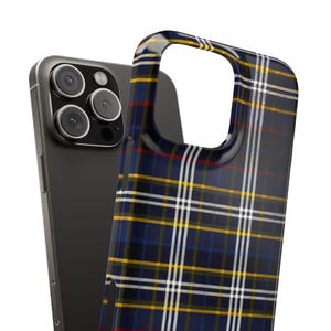May include: A black phone case with a blue, yellow, and white plaid pattern.