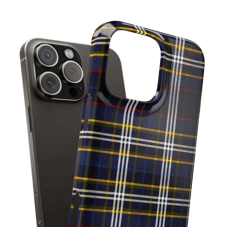 May include: A black phone case with a blue, yellow, and white plaid pattern.