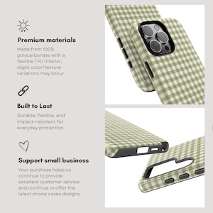 May include: A close-up of a phone case with a green and white gingham pattern. The case is shown from multiple angles, highlighting its design and features. The text on the left side says "Premium materials" and "Built to Last".
