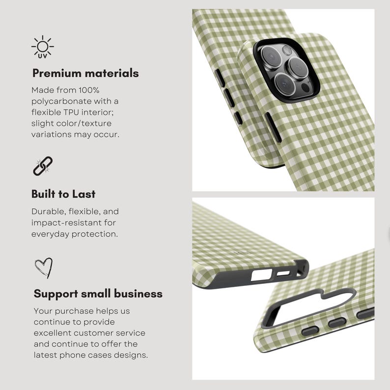 May include: A close-up of a phone case with a green and white gingham pattern. The case is shown from multiple angles, highlighting its design and features. The text on the left side says "Premium materials" and "Built to Last".