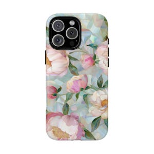 Peonies Stained Glass Mosaic Phone Case for iPhone 15 14 13 12 11 Pro Max 8 Plus X, Google Pixel 8 Pro, Samsung Galaxy S24 S23 S22 Ultra