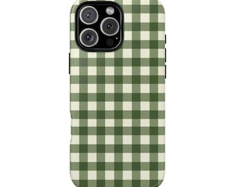 Green Gingham Phone Case, Checkered Design, Protective Dual Layer