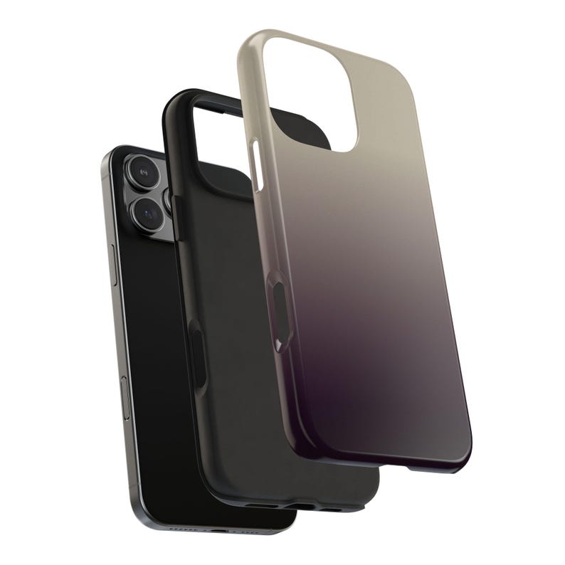 May include: Three phone cases, one black, one dark gray, and one with a gradient of colors from light beige to deep purple. The cases are designed to fit a smartphone, with cutouts for the camera and buttons.