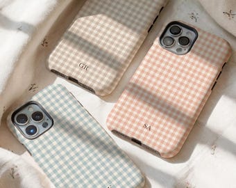 Boho Gingham Personligt Monogram Telefonskal Initialer iPhone 16 15 14 13 12 11 Pro Max, Samsung Galaxy S25 Ultra Anpassat Skal, iPhone 8Plus