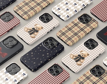 Classic Plaid & Teddy Bear Phone Case, Dual Layer Protection
