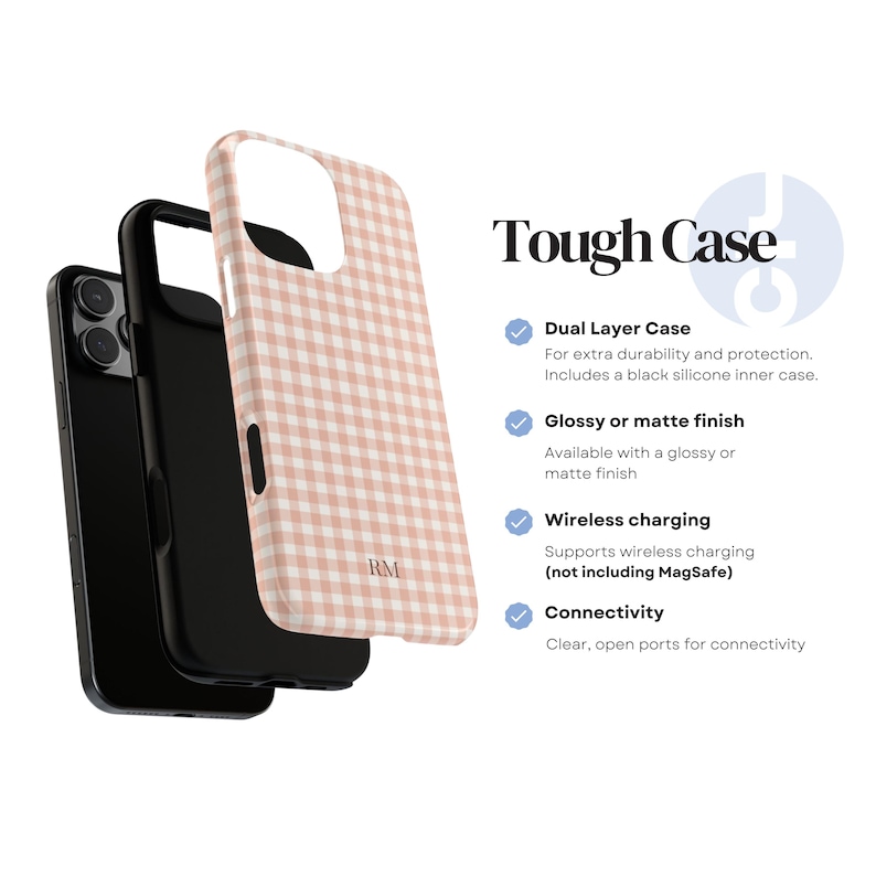 May include: A phone case with a pink and white gingham pattern. The case is shown in an exploded view, revealing a black inner case. The text "Tough Case" is displayed, along with features like dual-layer protection and wireless charging.