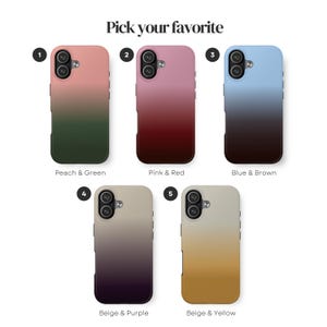 May include: Five smartphone cases with a gradient design are displayed. The cases are in various colors, including peach and green, pink and red, blue and brown, beige and purple, and beige and yellow. The text "Pick your favorite" is at the top.