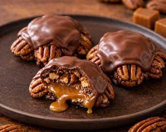 Paquetes de bombones de chocolate con leche, caramelo y nueces pecanas / Delicias gourmet de dulce pegajoso