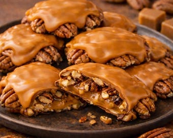 Racimos de nueces pecanas con caramelo salado / Nueces pecanas cubiertas de chocolate / Dulces de caramelo pegajoso