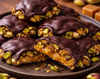 Peut inclure: Un tas de friandises rondes enrobées de chocolat, avec une épaisse couche de chocolat noir sur un mélange de pistaches vertes et un cœur de caramel doré. Une friandise est coupée en deux, révélant l'intérieur fondant au caramel et aux noix.