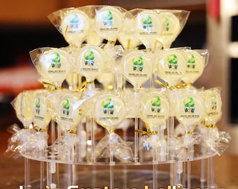 Joy's Custom Lollipops,  with double-side edible images and different flavors. 12 lollipops per box.