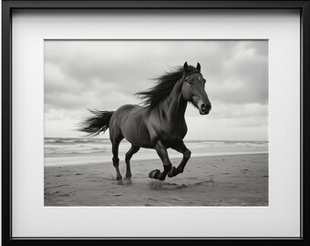 Running Horse on Beach Black & White Photo, Equestrian Print, Horse Lover Poster Gift, Animal Decor, Nature Wall Art, Digital Download